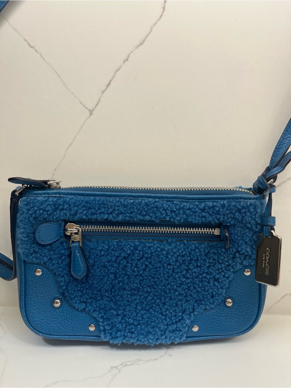 Coach Blue Shearling & Pebbled Leather Crossbody Bag - Picture 9 of 11